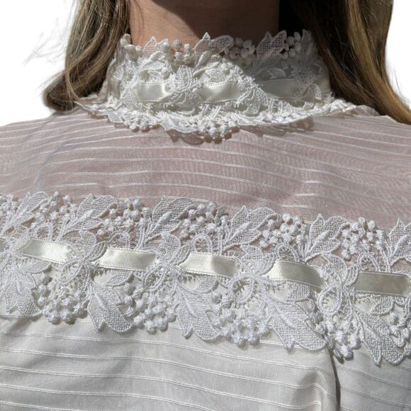 Vintage 1970s White Long Sleeve Lace Boho Prairie Hippy Maxi Wedding Dress Sz XS - Picture 5 of 10